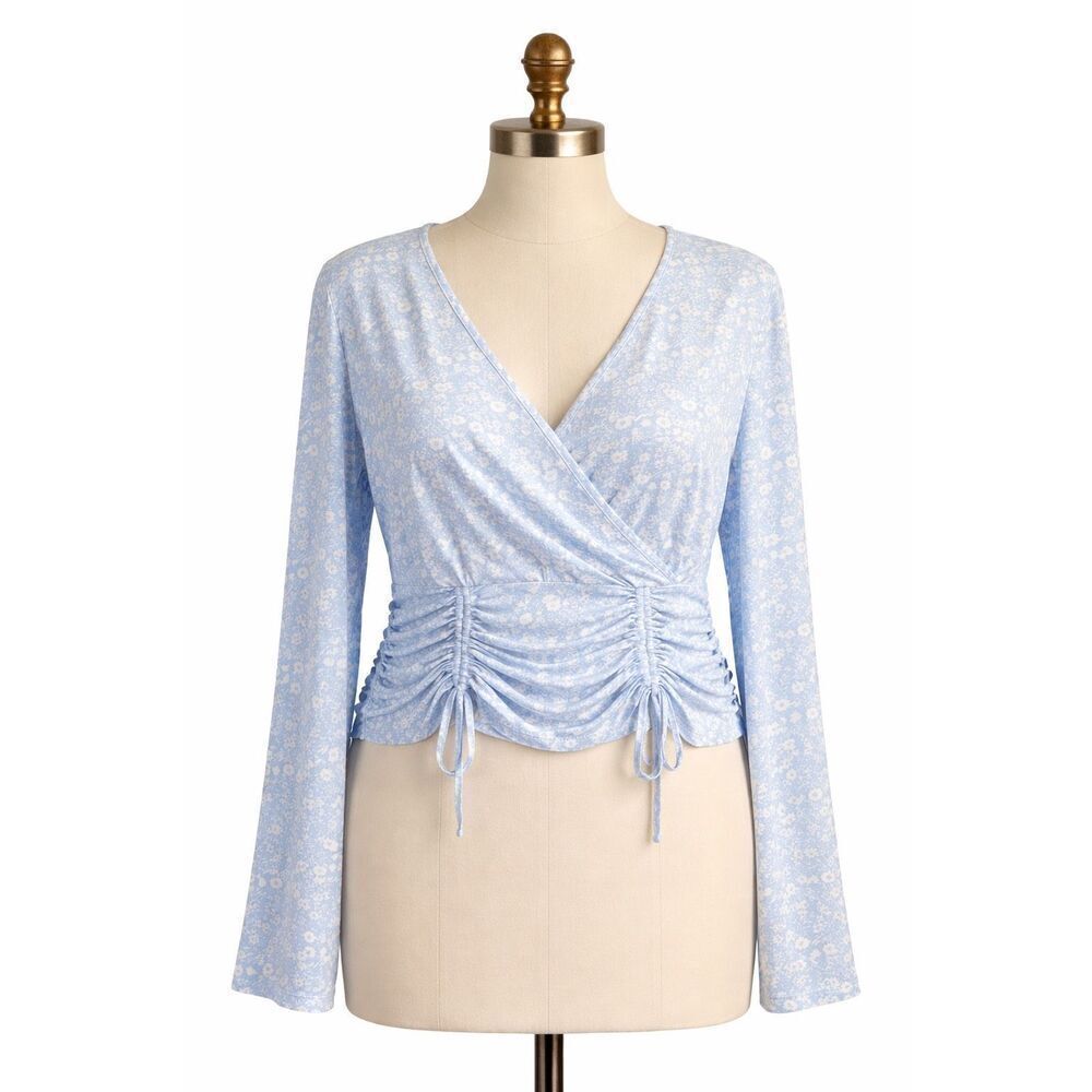 No Boundaries XXL Blue Floral Wrap Ruched Top Cottagecore Soft Girl Eco Chic